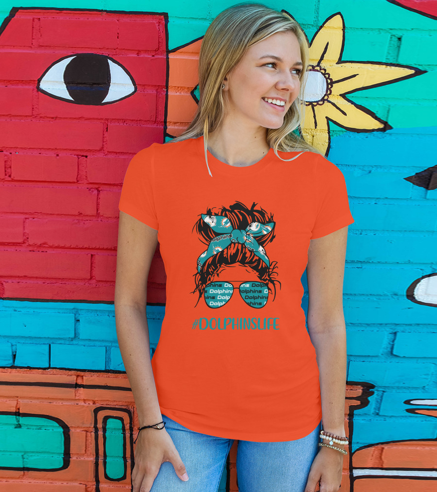 Miami Dolphins Life Messy Bun Girl Headband Glasses #DolphinsLife T-Shirt