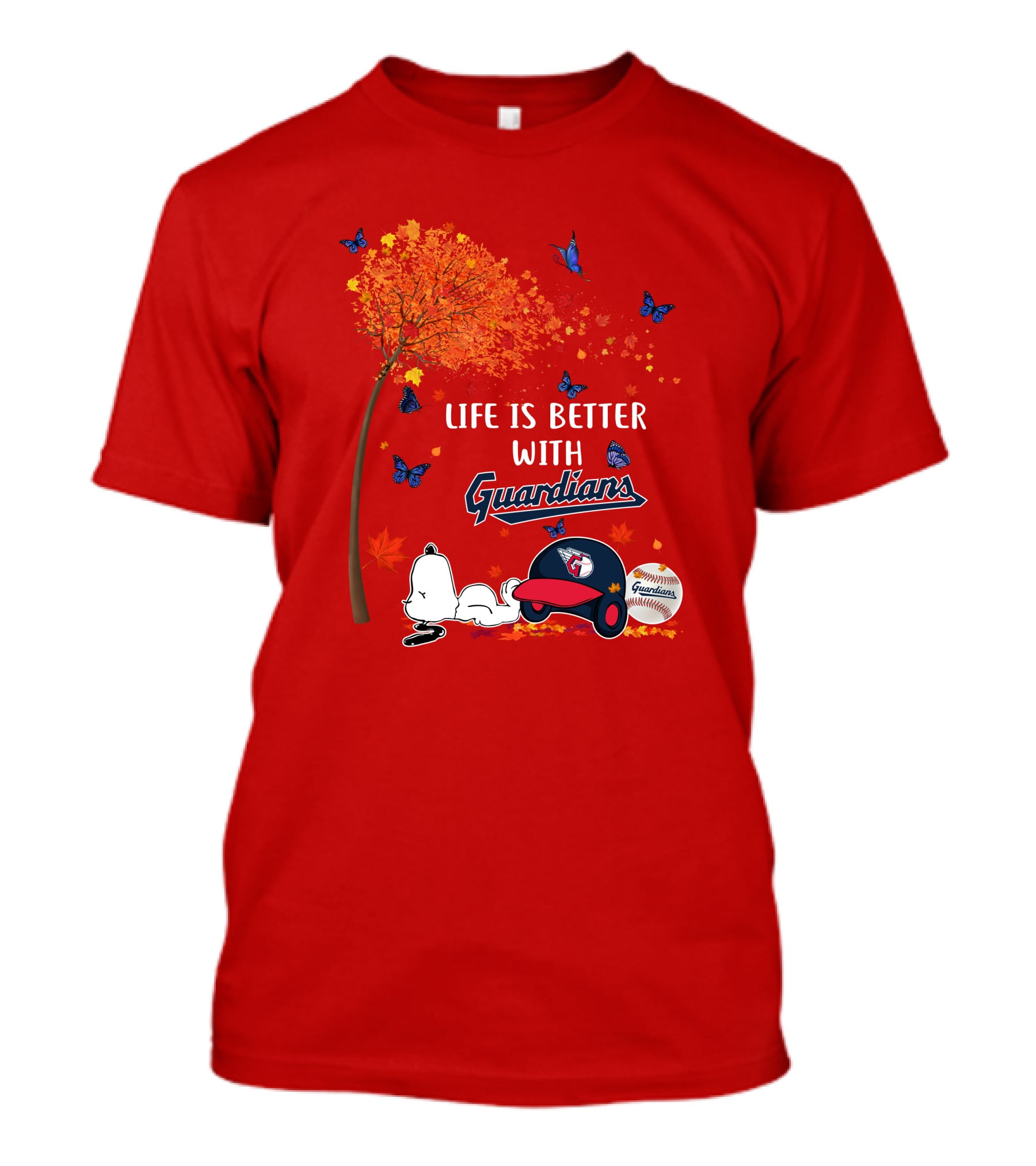 Life Is Better With Guardians Cleveland Guardians Baseball Autumn Tree Snoopy And Butterflies T-Shirt