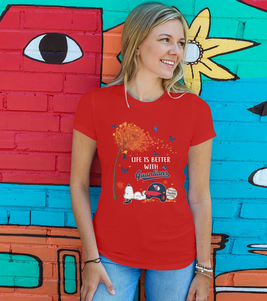 Life Is Better With Guardians Cleveland Guardians Baseball Autumn Tree Snoopy And Butterflies T-Shirt