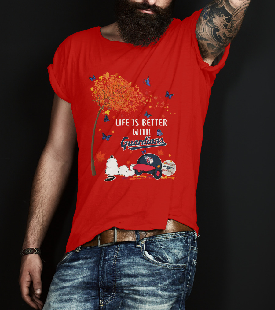 Life Is Better With Guardians Cleveland Guardians Baseball Autumn Tree Snoopy And Butterflies T-Shirt