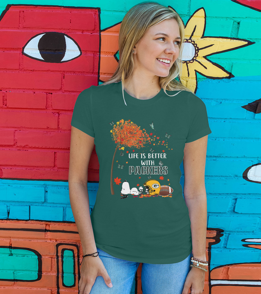 Life Is Better With Packers Green Bay Football Autumn Snoopy Leaves T-Shirt