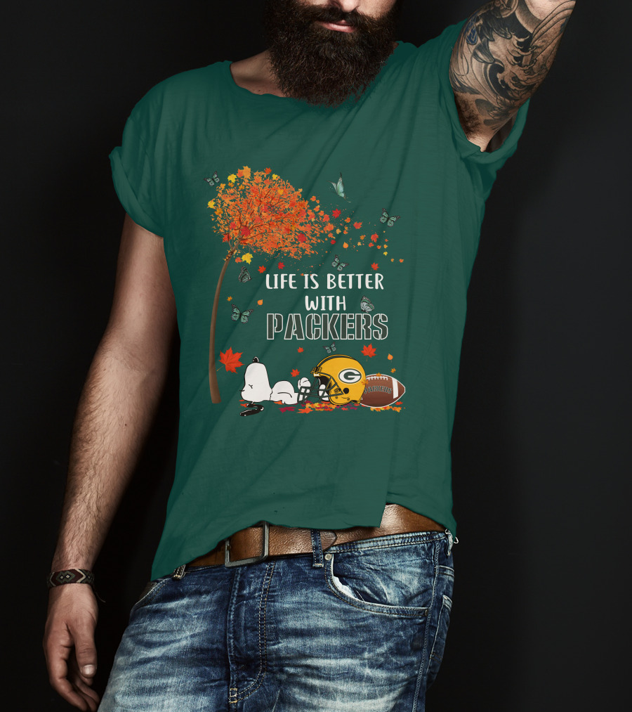 Life Is Better With Packers Green Bay Football Autumn Snoopy Leaves T-Shirt