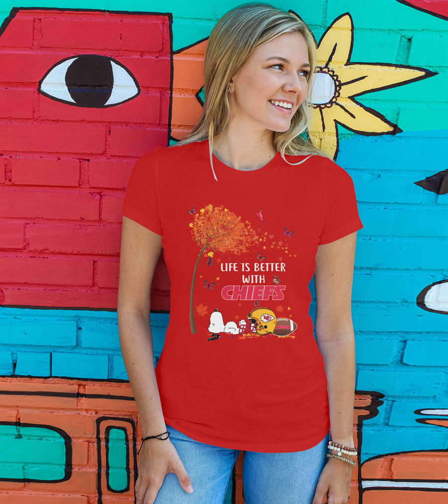Life Is Better With Chiefs Fall Football Theme Snoopy And Butterflies T-Shirt