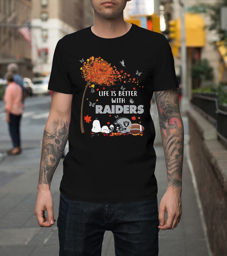 Life is Better with Raiders Autumn Leaves and Snoopy Under Tree with Butterfly and Football Helmet T-Shirt