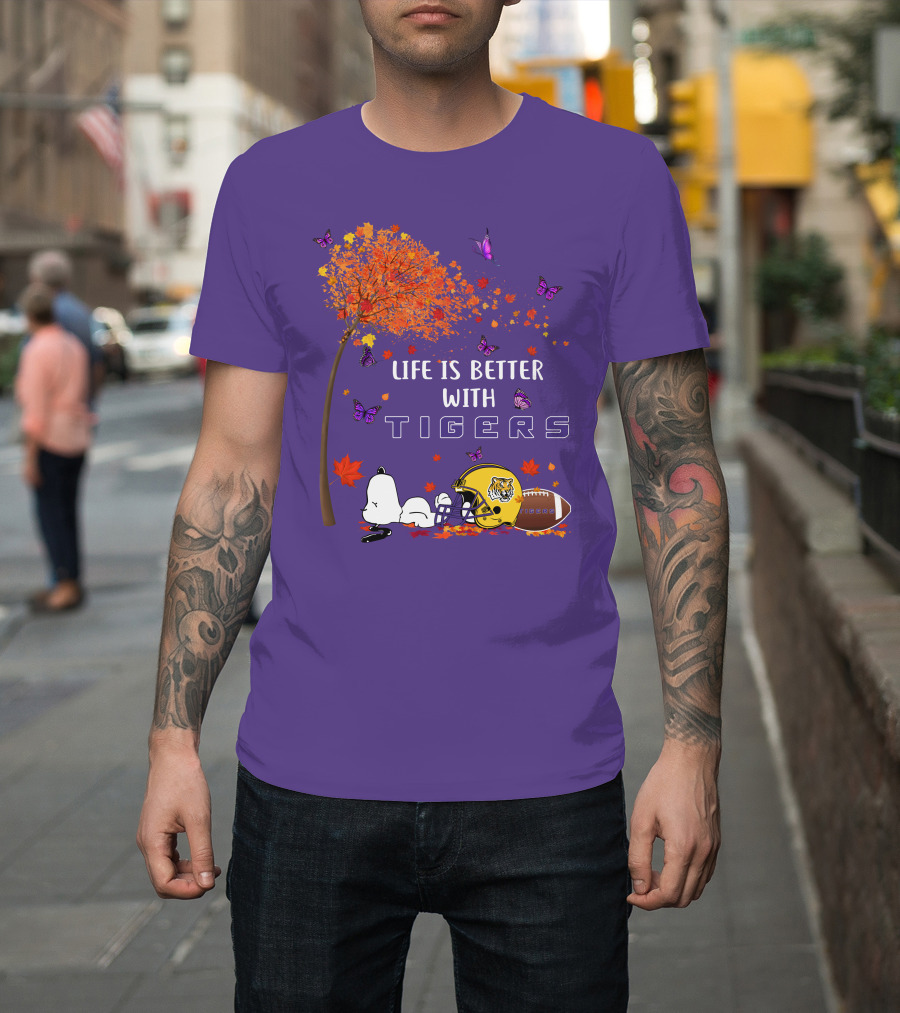 Life is Better with Tigers Football Leaves Butterflies Helmet T-Shirt