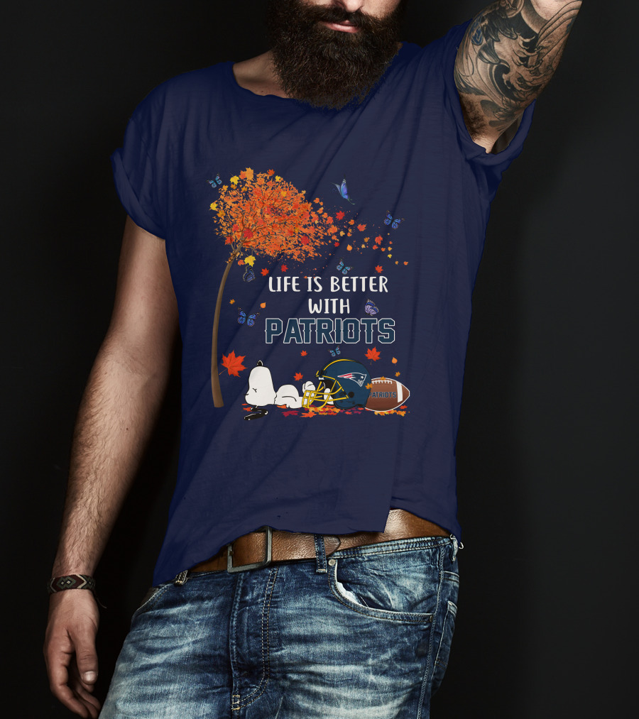 Life Is Better With Patriots New England Football Autumn Tree Butterfly T-Shirt