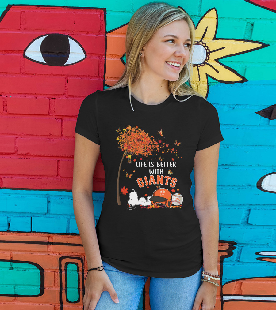 Life Is Better With Giants Snoopy Fall Leaves Baseball Cap T-Shirt