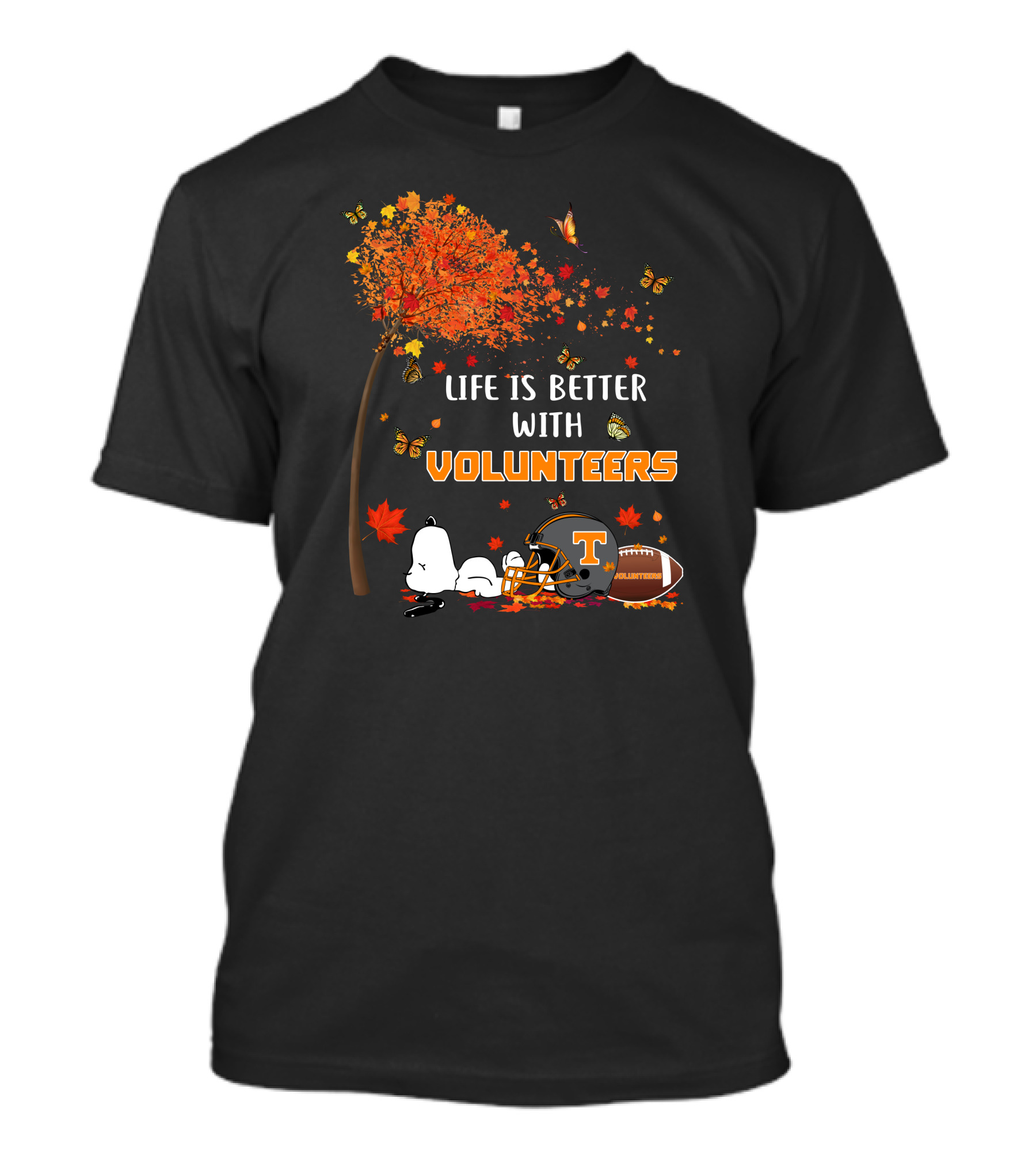 Life Is Better With Volunteers Tennessee Football Autumn Leaves And Butterflies T-Shirt