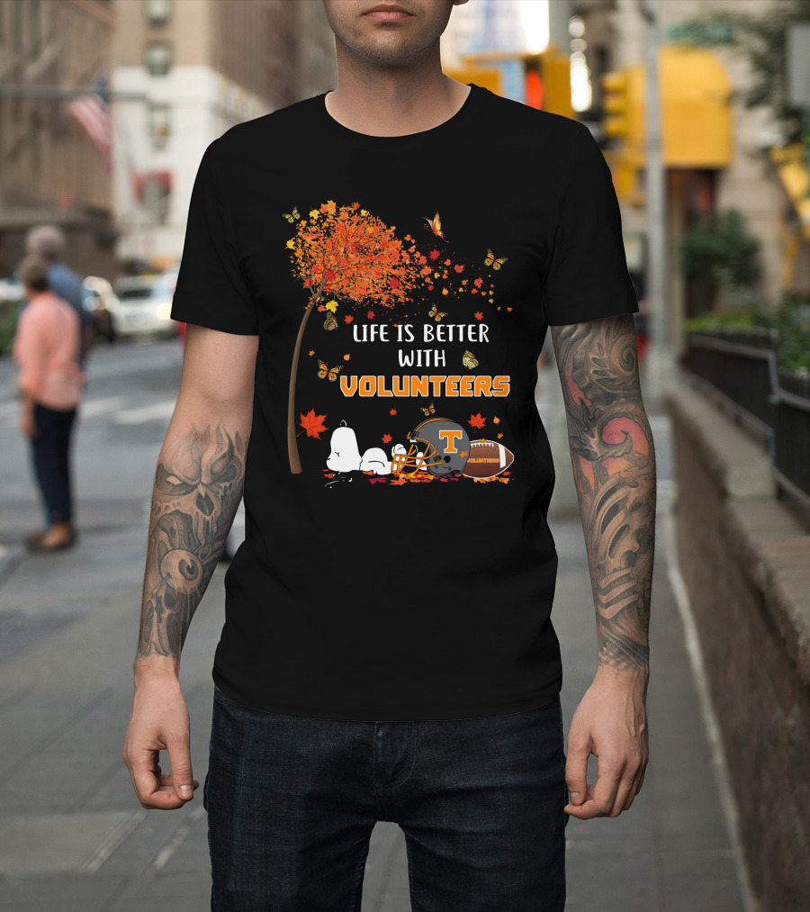 Life Is Better With Volunteers Tennessee Football Autumn Leaves And Butterflies T-Shirt