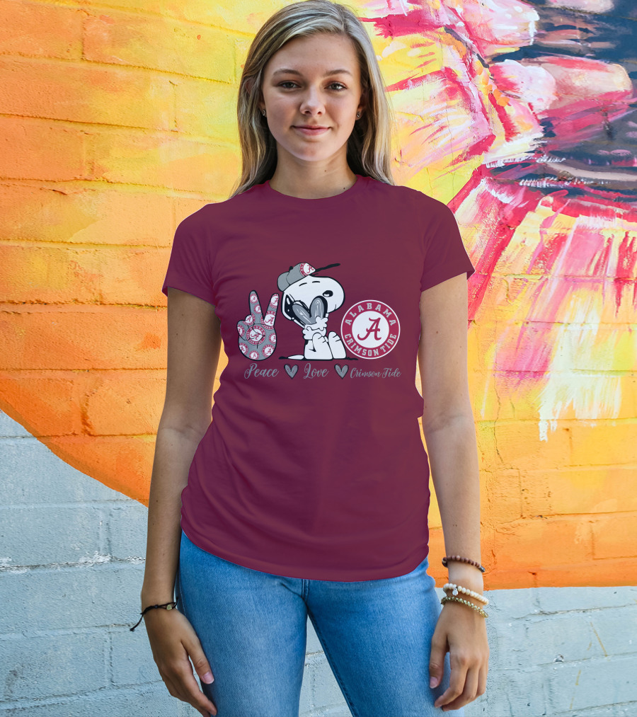 Peace Love Alabama Crimson Tide Snoopy Football Fan Gear T-Shirt