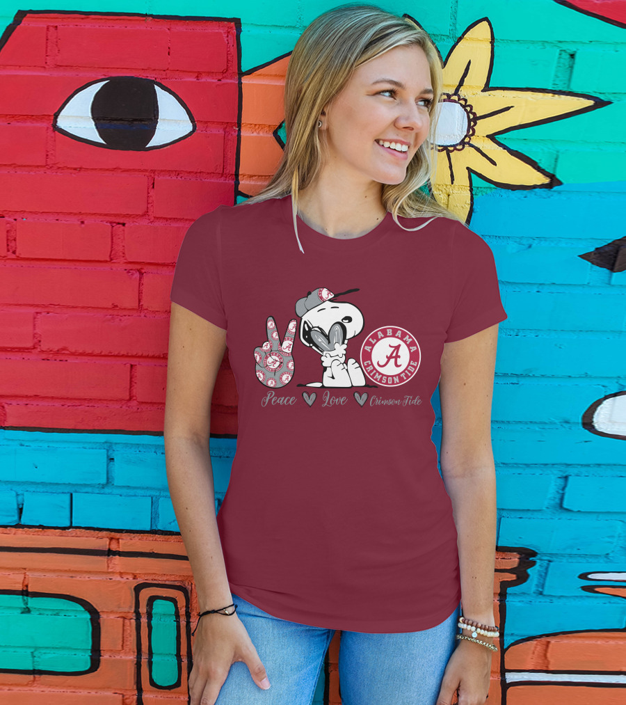 Peace Love Alabama Crimson Tide Snoopy Football Fan Gear T-Shirt