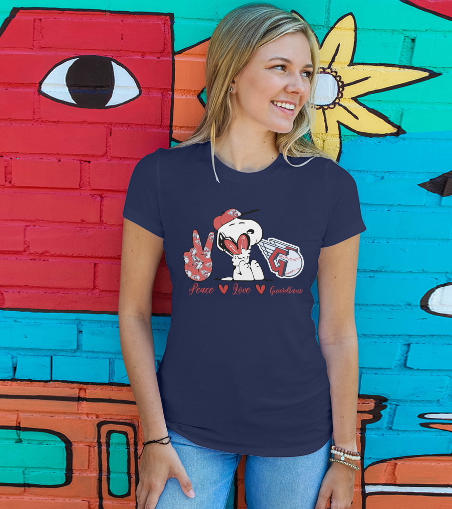 Snoopy Peace Love Cleveland Guardians Baseball Iconic Imagery With Red Heart And Cap T-Shirt
