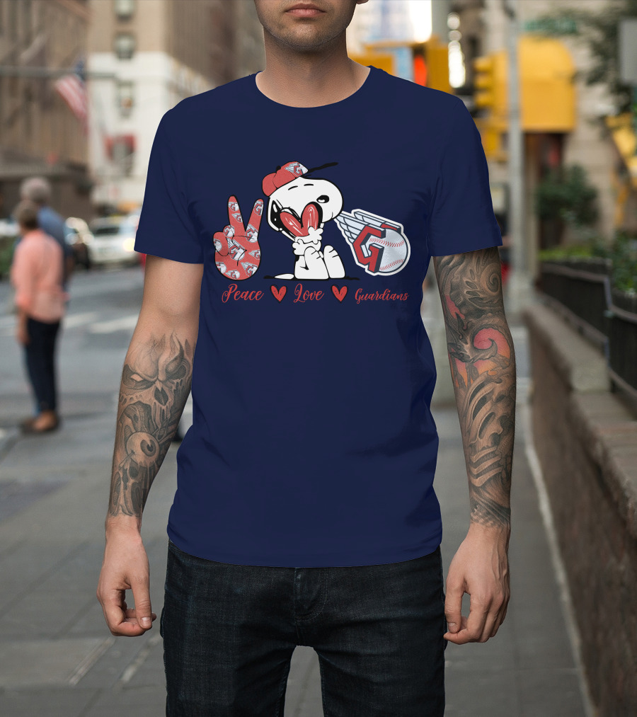 Snoopy Peace Love Cleveland Guardians Baseball Iconic Imagery With Red Heart And Cap T-Shirt