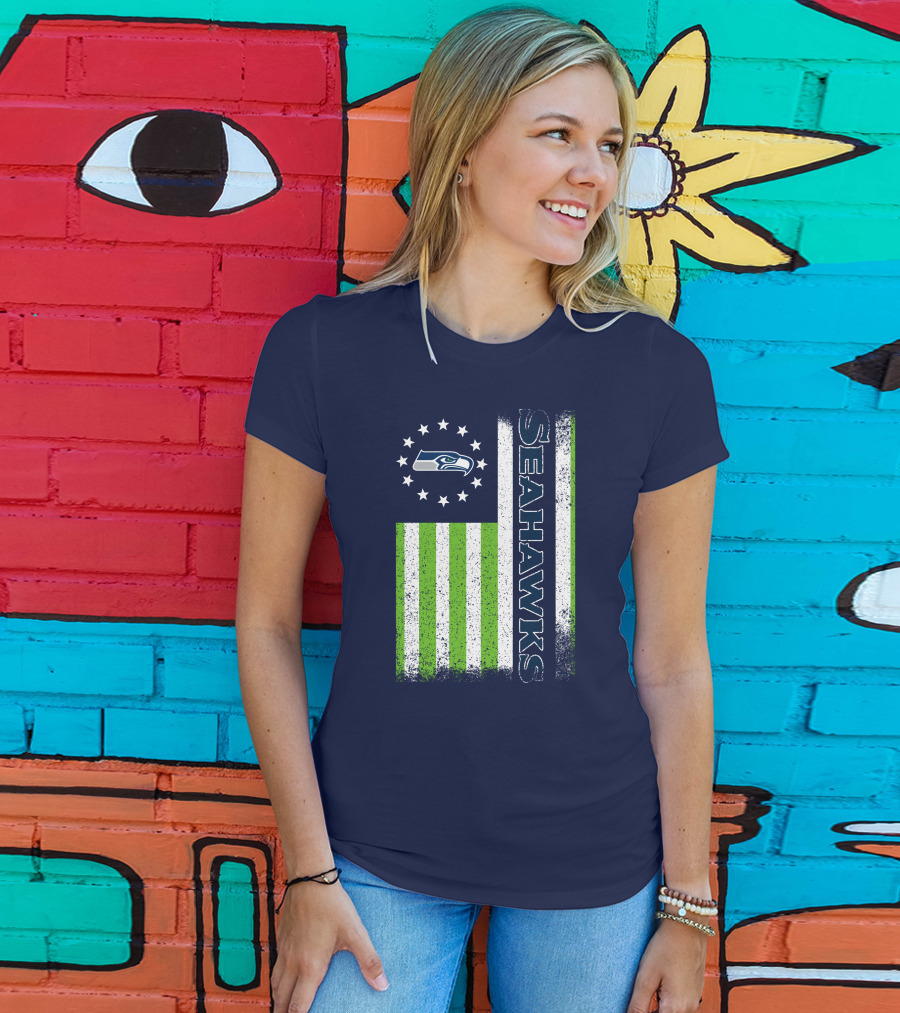 Seattle Seahawks American Flag Green Stripes 12 Stars T-Shirt