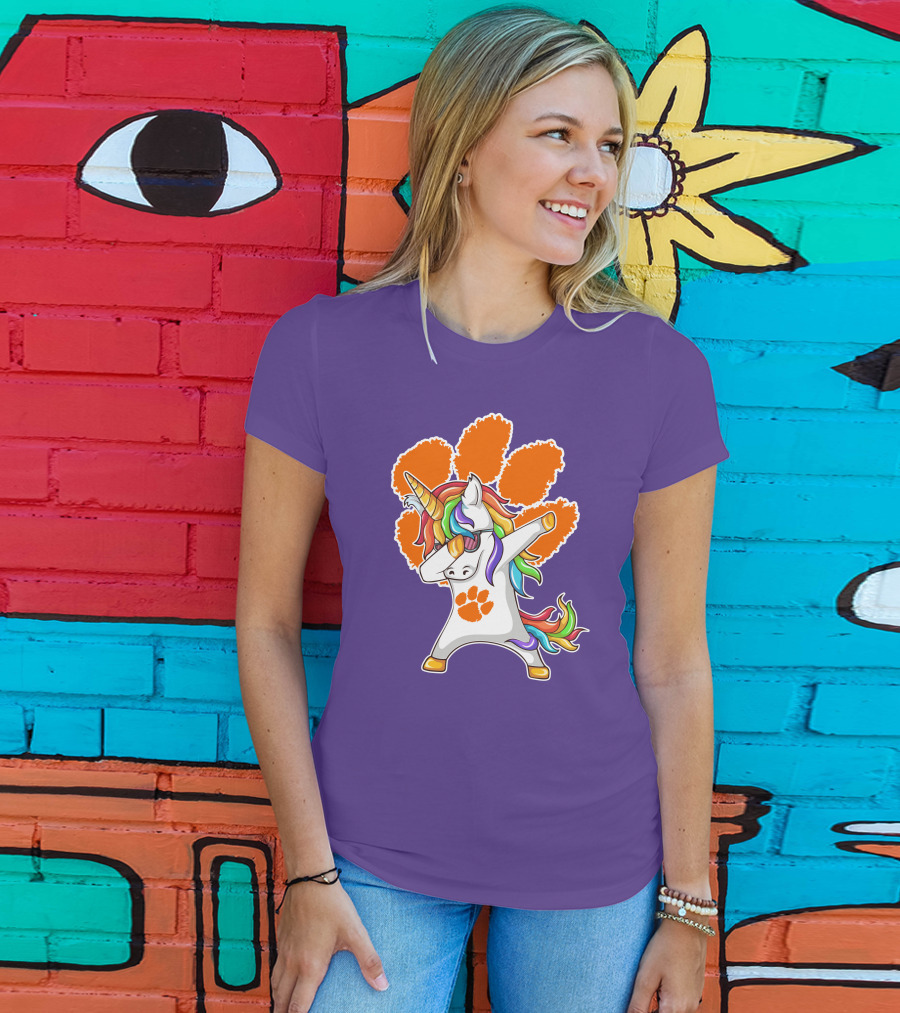 Clemson Tigers Dabbing Unicorn Paw Print Rainbow Mane T-Shirt
