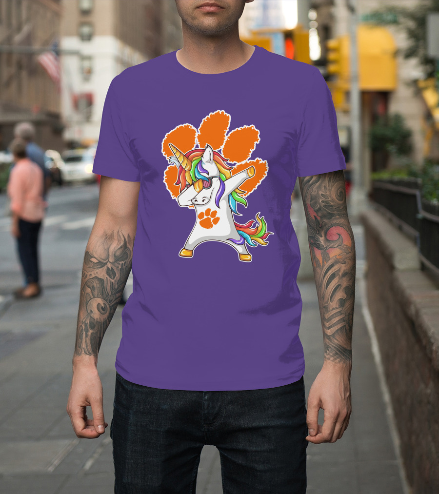 Clemson Tigers Dabbing Unicorn Paw Print Rainbow Mane T-Shirt