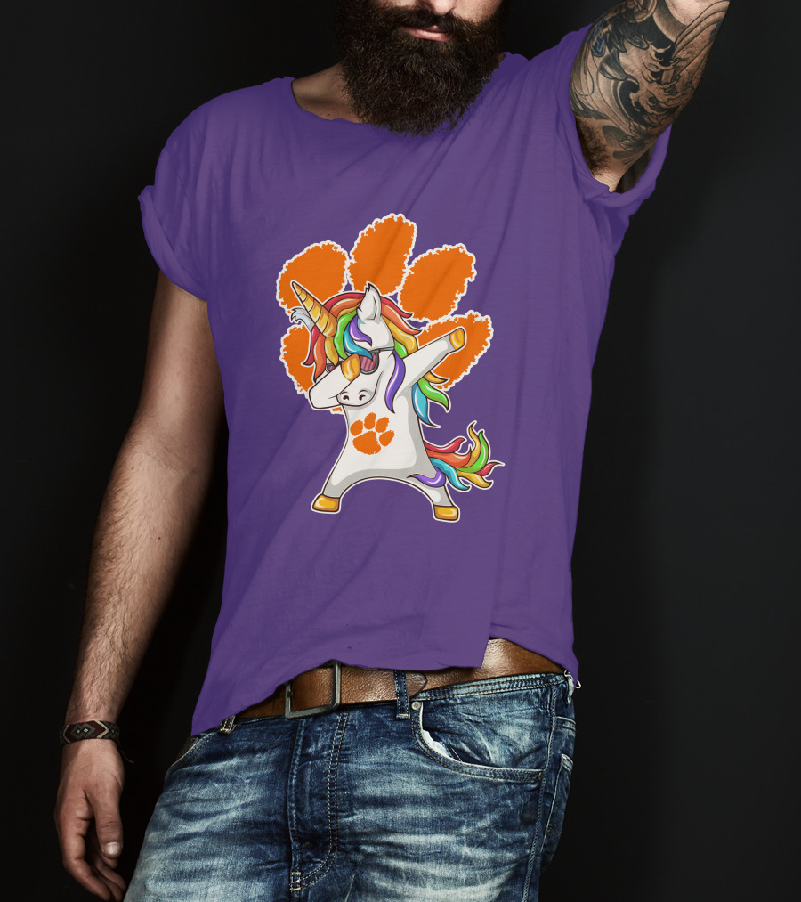 Clemson Tigers Dabbing Unicorn Paw Print Rainbow Mane T-Shirt