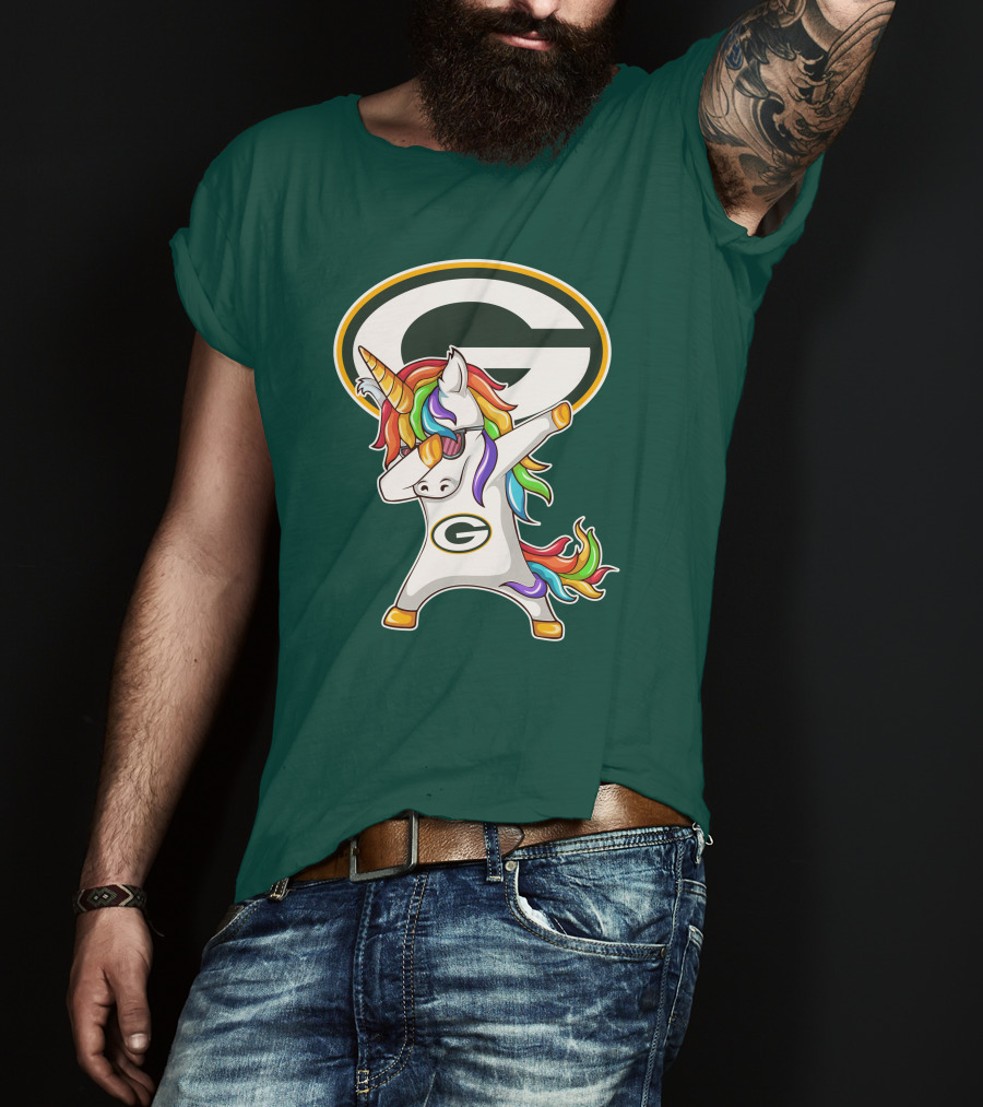 Green Bay Packers Dabbing Unicorn With Team Logo And Rainbow Mane T-Shirt