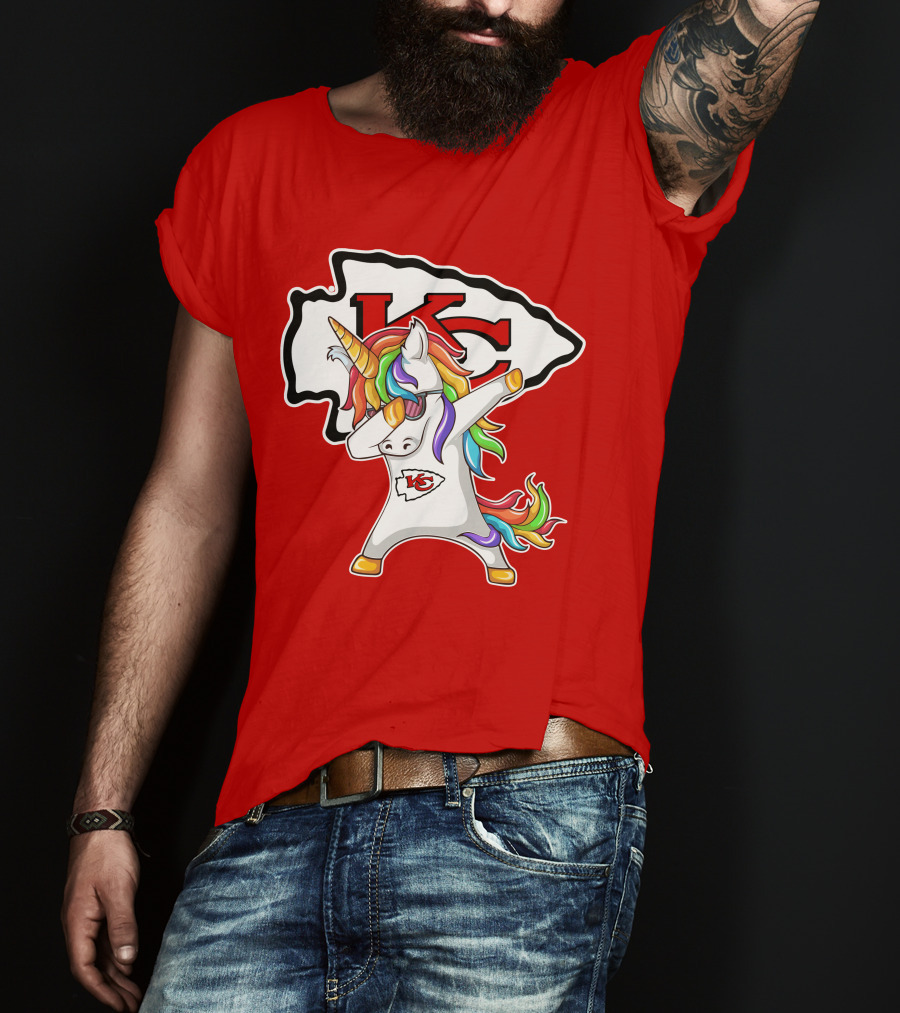 Kansas City Chiefs Unicorn Dabbing KC Logo Rainbow Mane T-Shirt