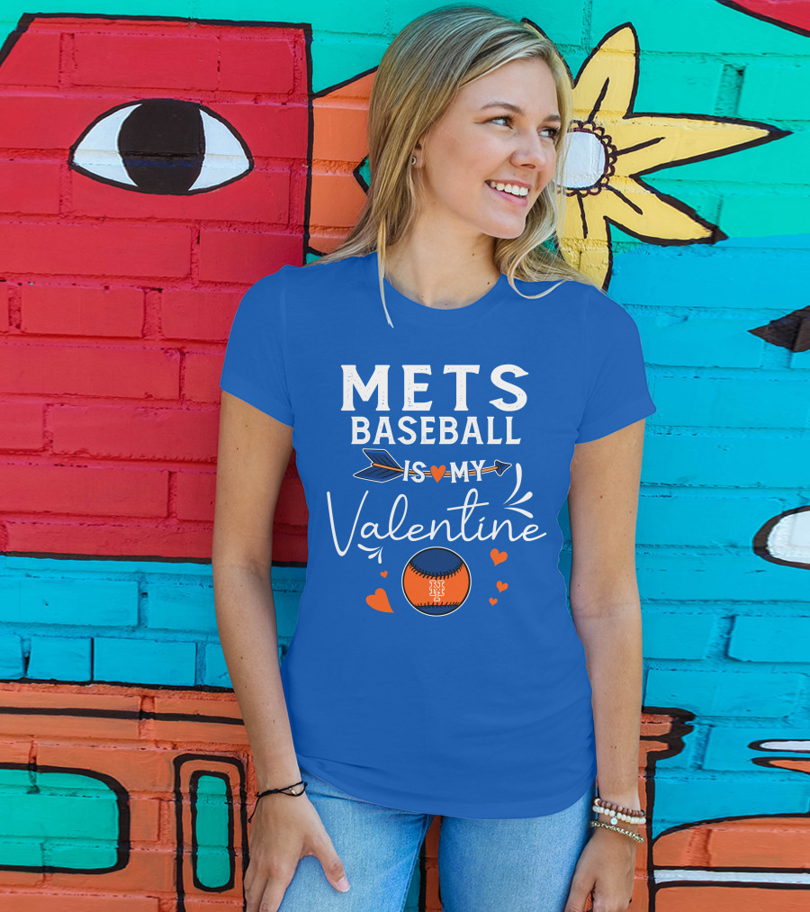 Mets Baseball Is My Valentine Orange Blue Hearts And Baseball T-Shirt