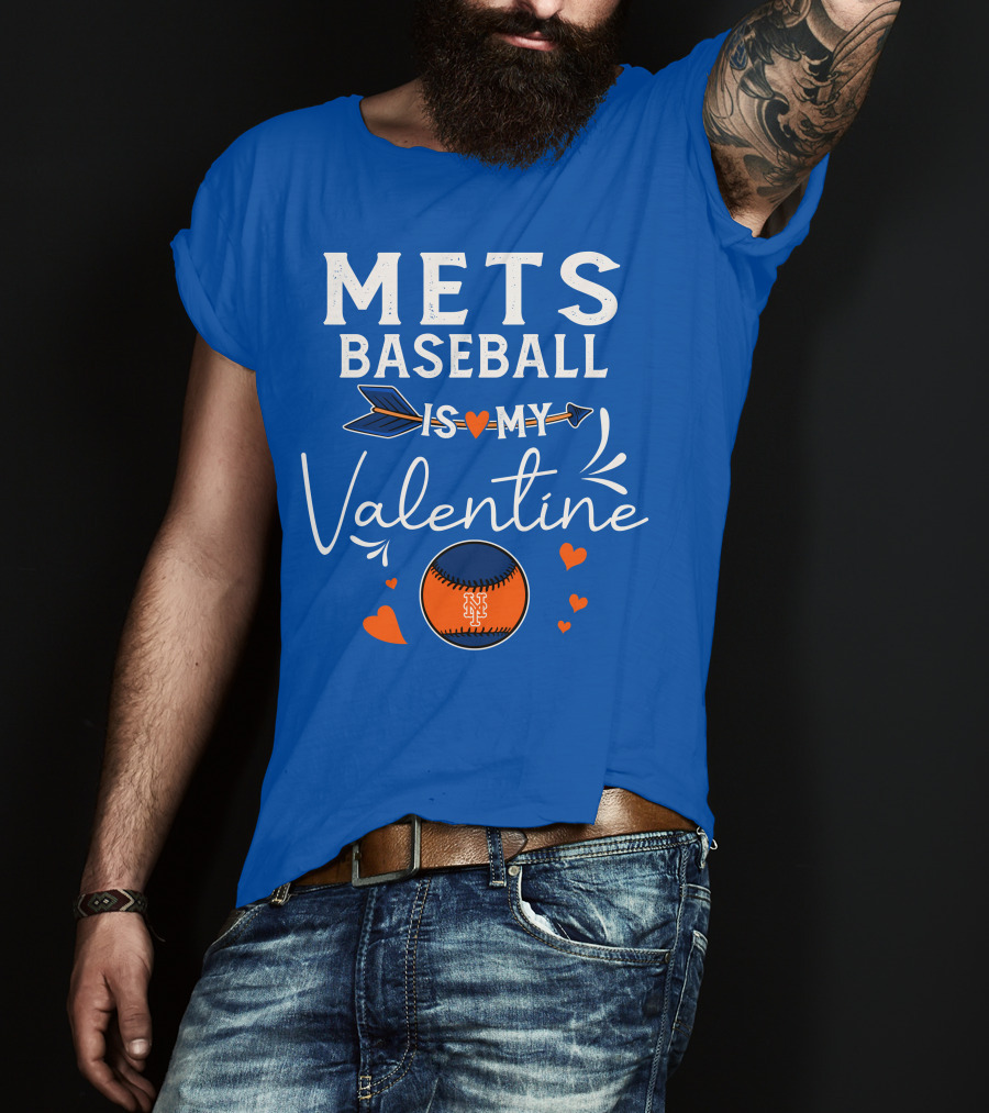 Mets Baseball Is My Valentine Orange Blue Hearts And Baseball T-Shirt