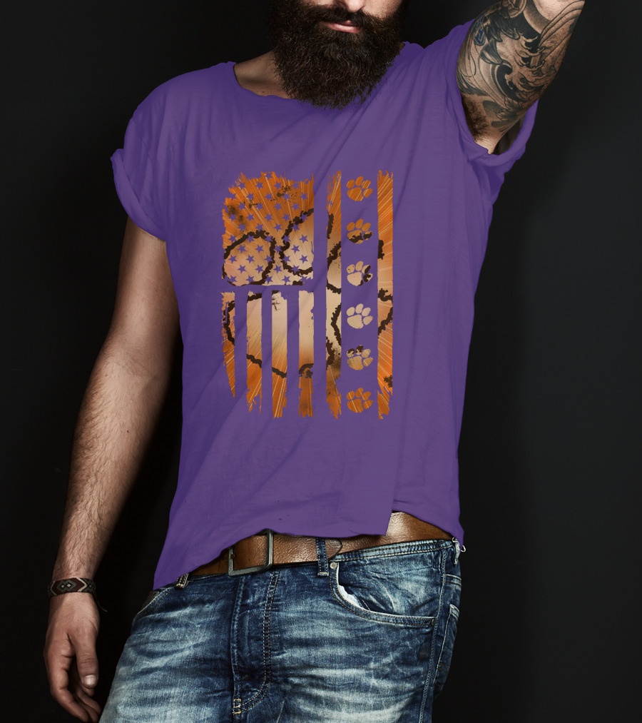 Clemson Tigers Paw Print American Flag T-Shirt
