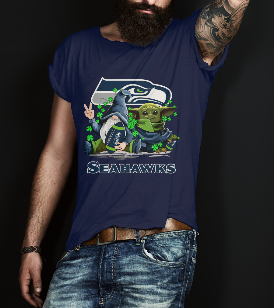 Leprechauns Gnomes Baby Yoda Seattle Seahawks Hug Football T-Shirt