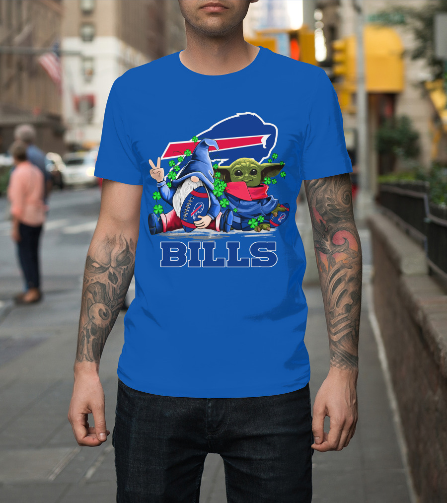 Leprechauns Gnomes Baby Yoda Hug Buffalo Bills Football Team Logo Shamrocks T-Shirt