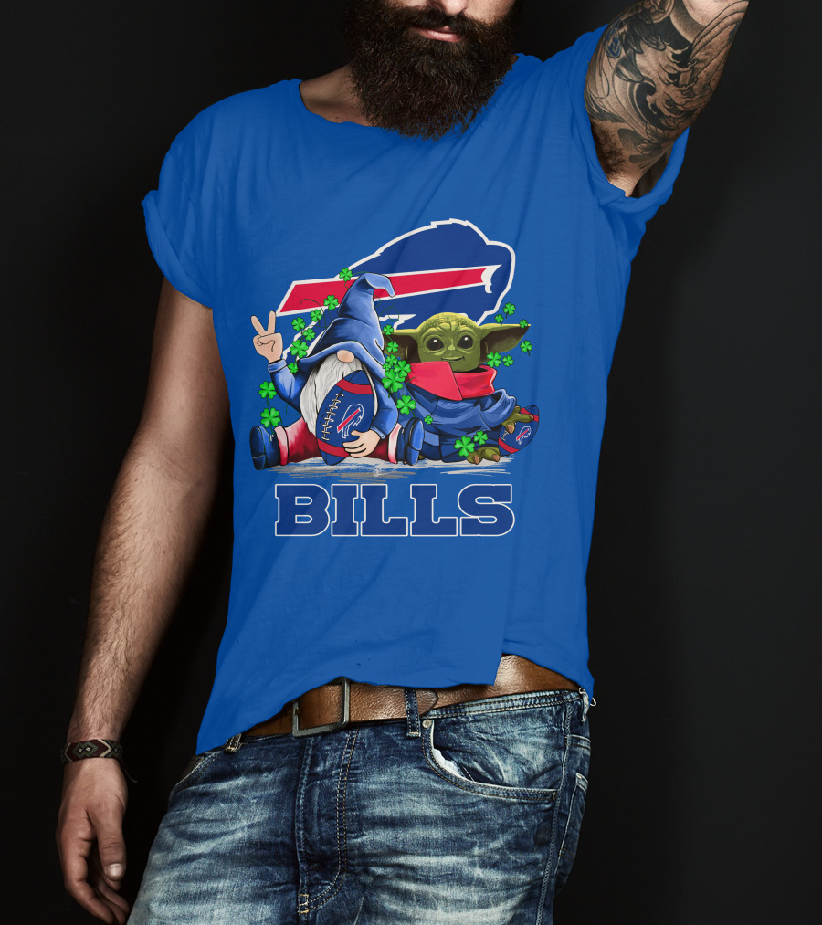 Leprechauns Gnomes Baby Yoda Hug Buffalo Bills Football Team Logo Shamrocks T-Shirt