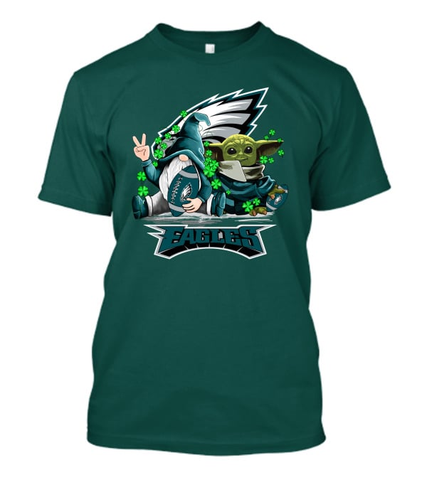 Philadelphia Eagles Leprechauns Gnomes Baby Yoda Hug Football T-Shirt