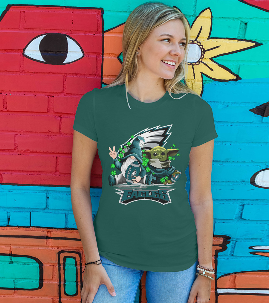 Philadelphia Eagles Leprechauns Gnomes Baby Yoda Hug Football T-Shirt