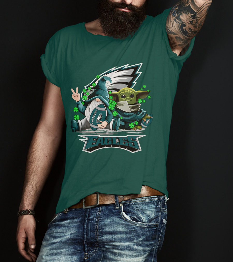 Philadelphia Eagles Leprechauns Gnomes Baby Yoda Hug Football T-Shirt