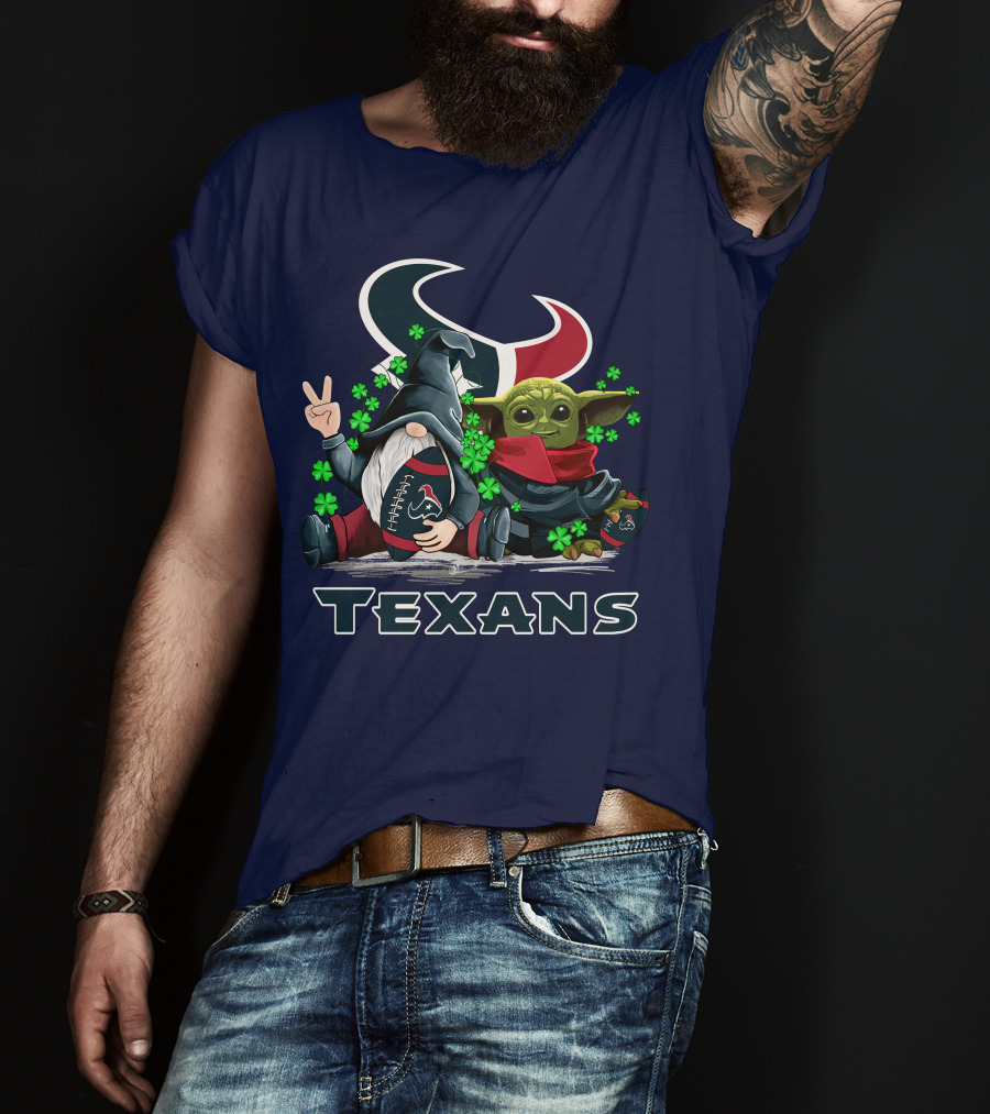 Leprechauns Gnomes Baby Yoda Houston Texans Football Clover T-Shirt