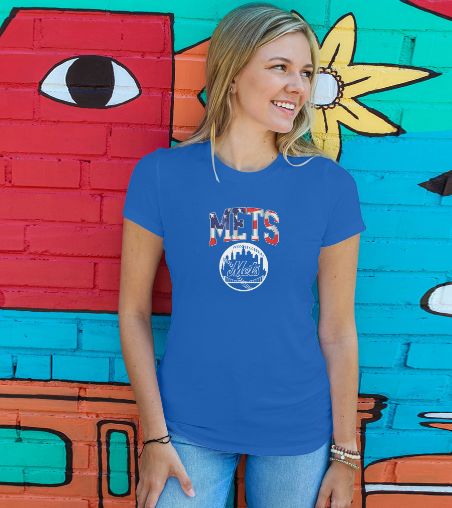 Mets American Flag Skyline Baseball T-Shirt