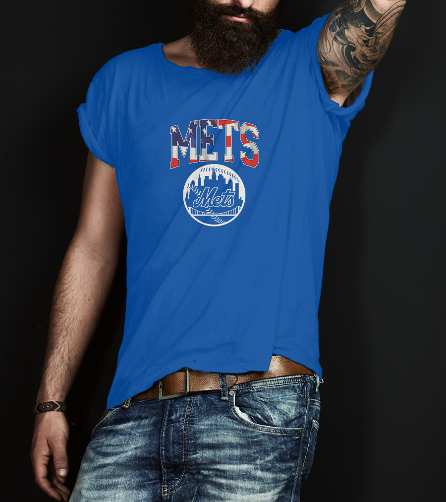 Mets American Flag Skyline Baseball T-Shirt