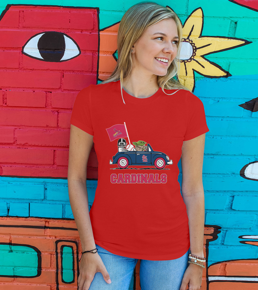 St Louis Cardinals Darth Vader Baby Yoda Driving Car Star Wars Baseball T-Shirt