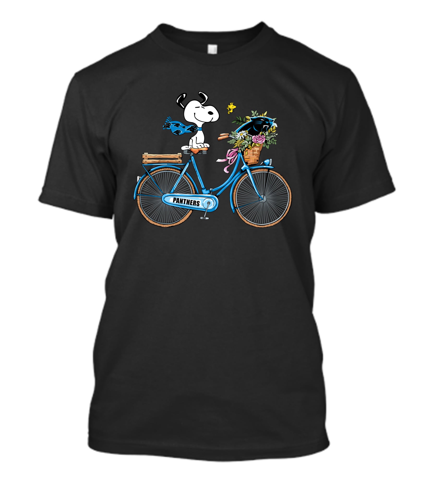 Panthers Snoopy On Bicycle With Flowers And Woodstock T-Shirt
