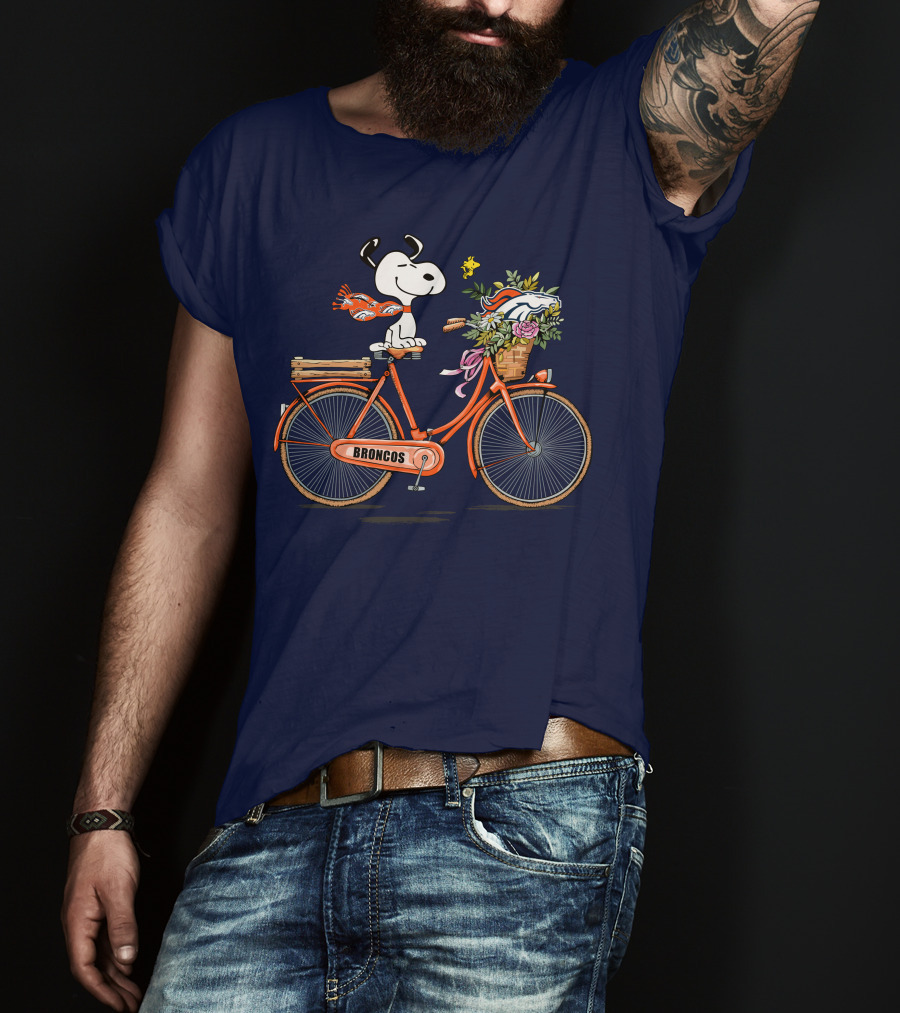 Denver Broncos Snoopy On Bicycle With Woodstock And Helmet T-Shirt