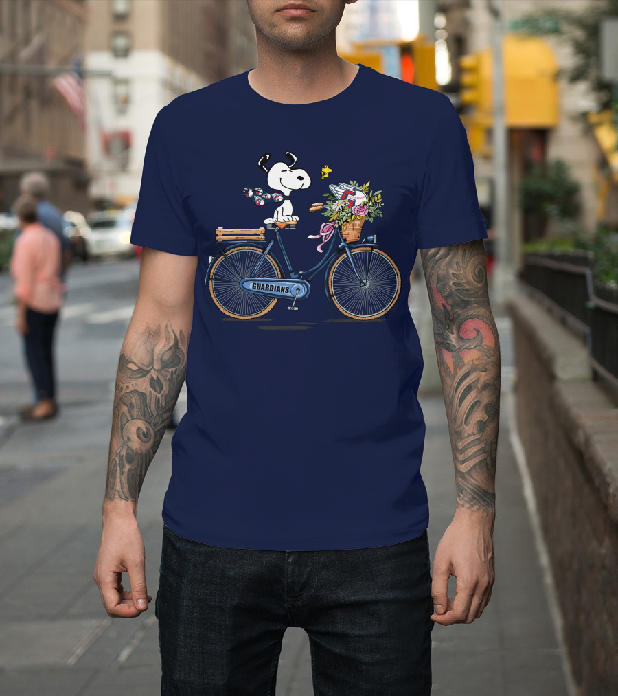 Cleveland Guardians Snoopy Riding Bicycle with Flowers and Baseball Bow Tie T-Shirt