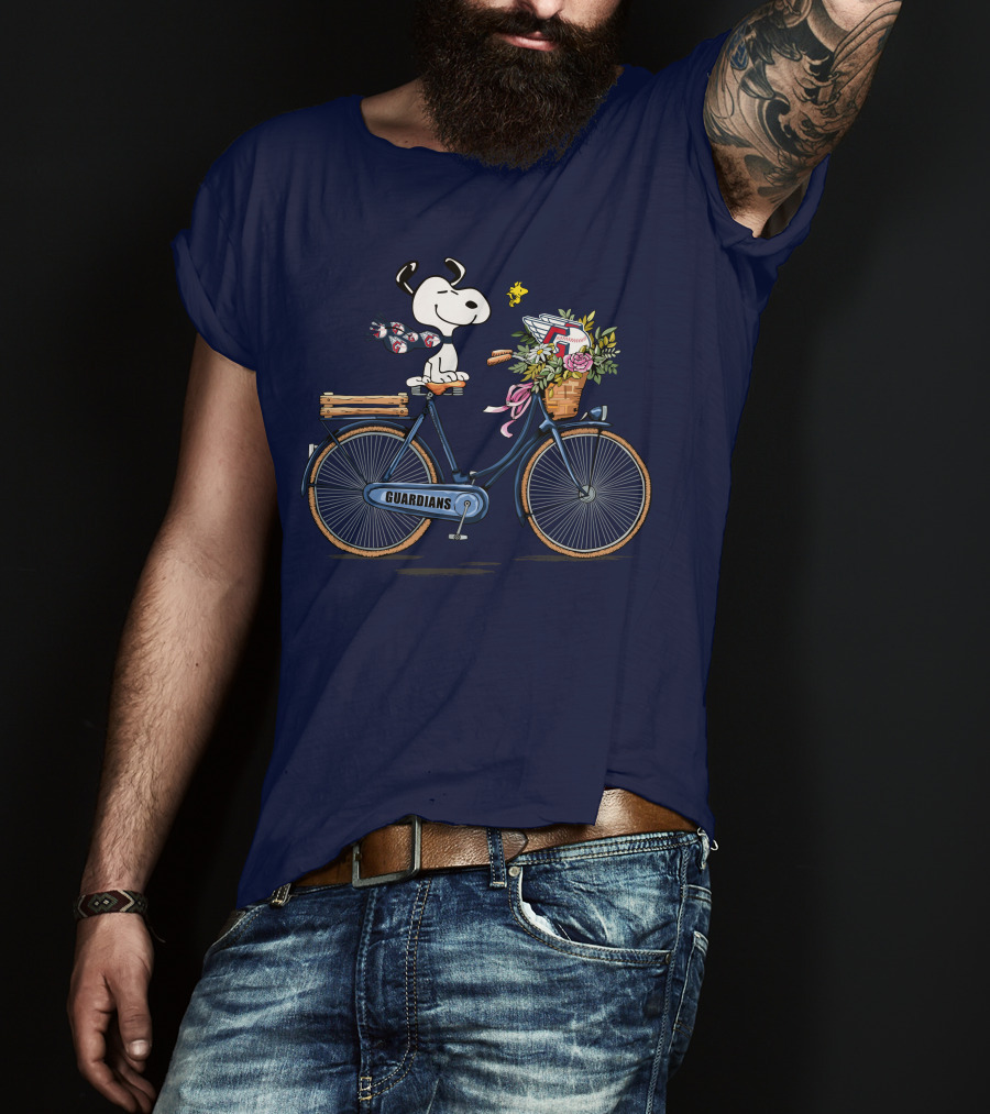 Cleveland Guardians Snoopy Riding Bicycle With Flowers And Baseball Bow Tie T-Shirt