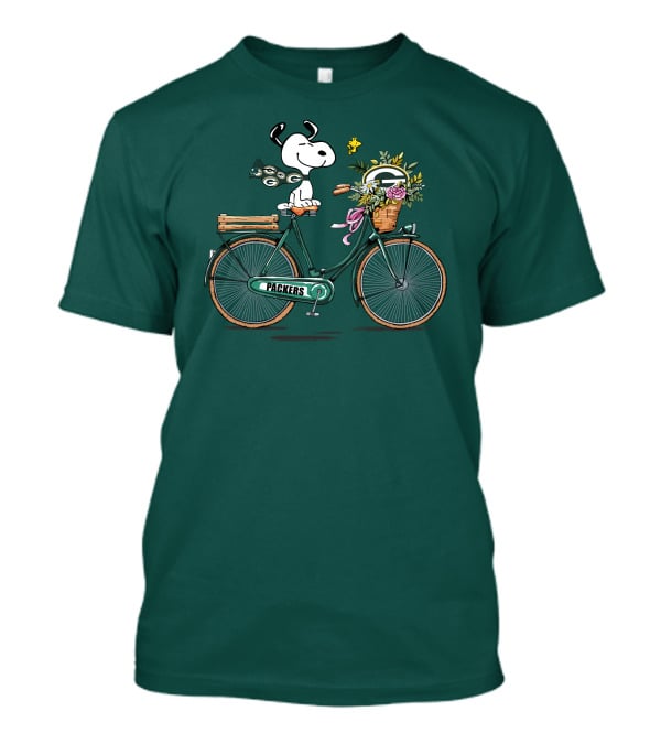 Packers Snoopy On Bicycle With Flowers And Woodstock T-Shirt