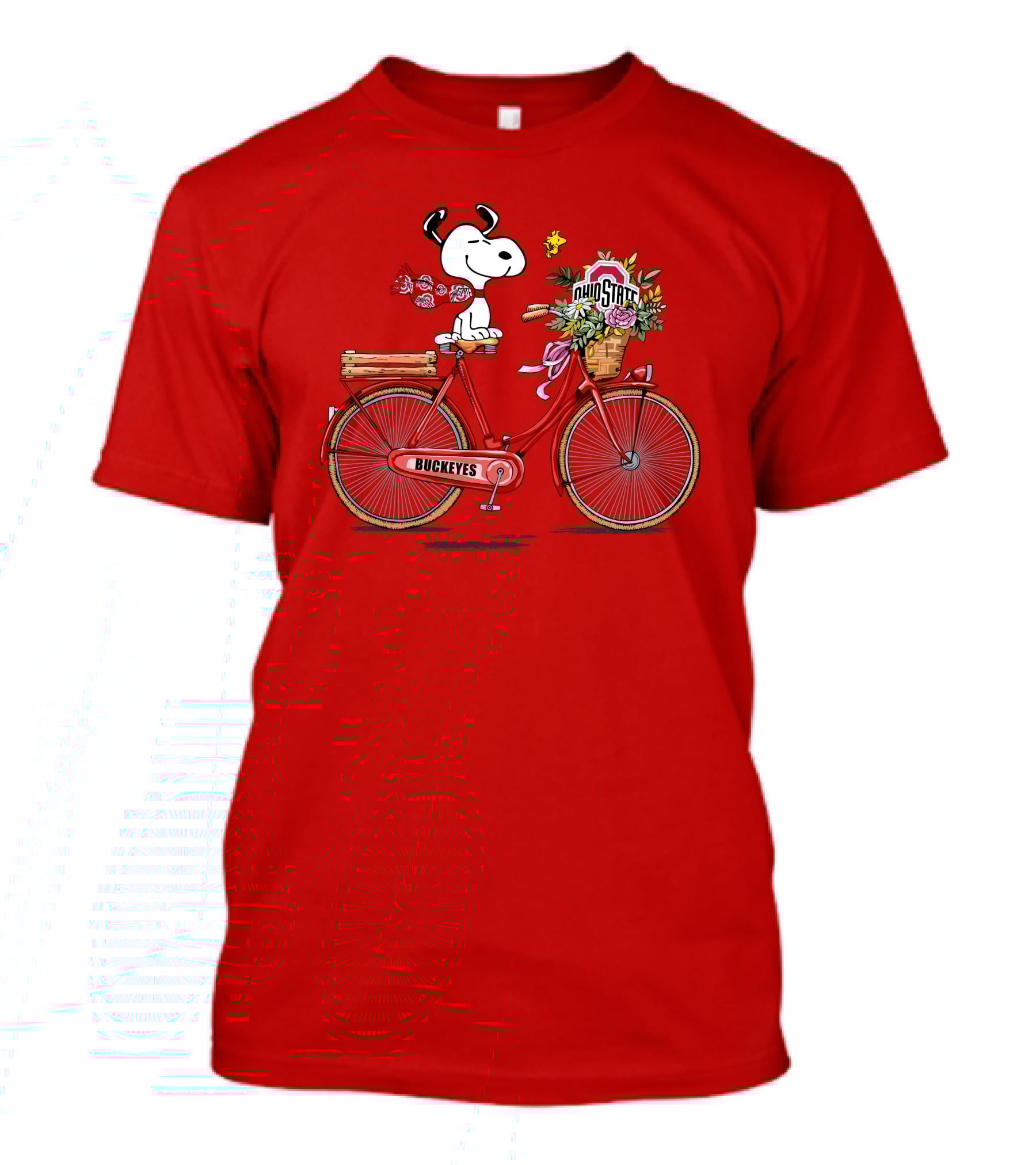 Ohio State Buckeyes Snoopy On Bicycle With Woodstock And Flowers T-Shirt