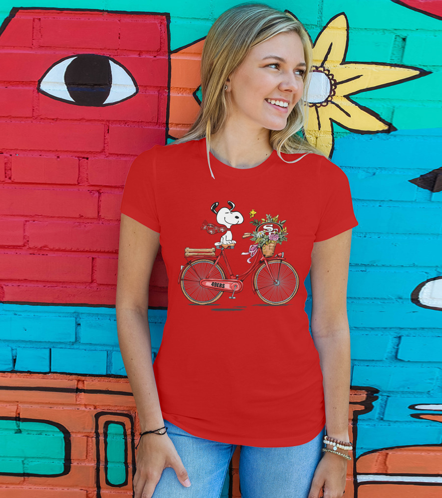 San Francisco 49ers Snoopy Riding Bike With Flowers T-Shirt