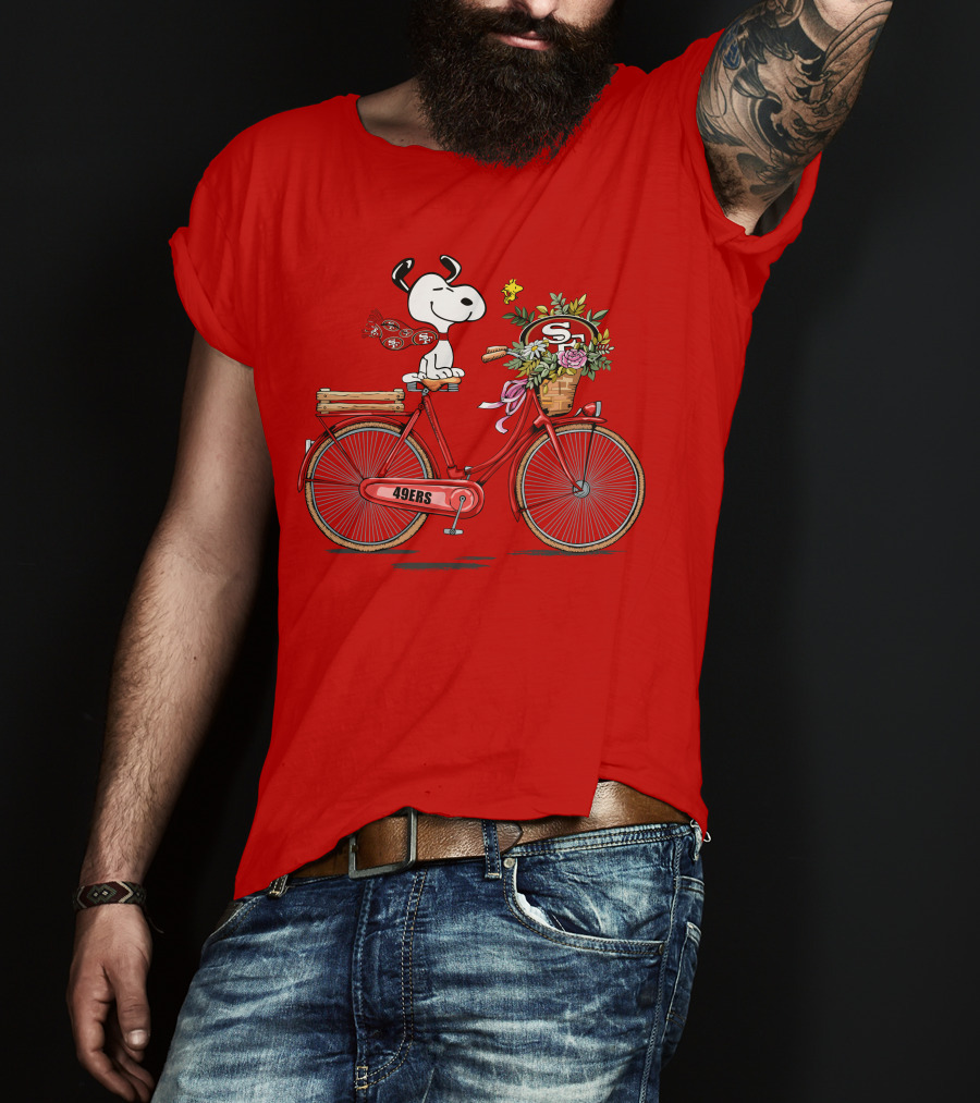 San Francisco 49ers Snoopy Riding Bike With Flowers T-Shirt