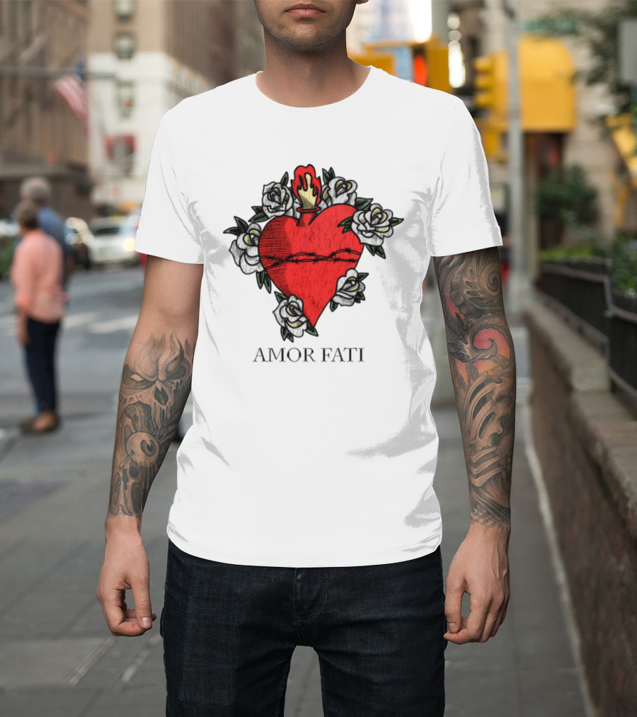 Amor Fati Sacred Heart Barbed Wire Roses Flame T-Shirt