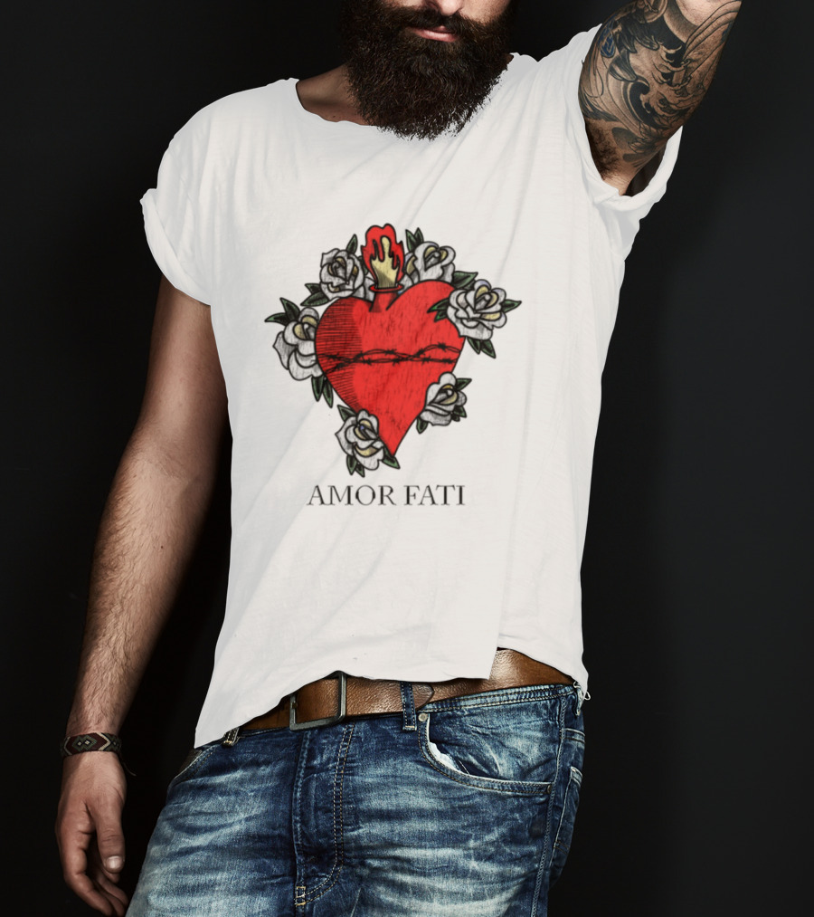 Amor Fati Sacred Heart Barbed Wire Roses Flame T-Shirt