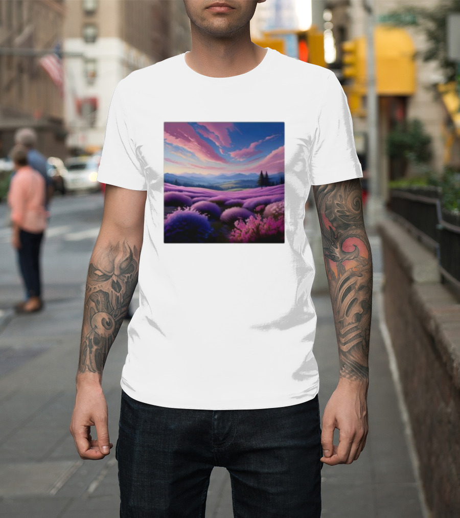 Her Radiant Bloom Lavender Sunset Landscape With Pink And Purple Sky T-Shirt