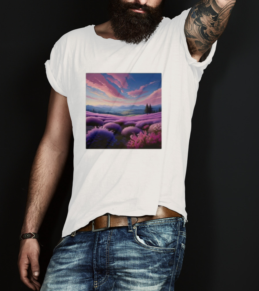 Her Radiant Bloom Lavender Sunset Landscape With Pink And Purple Sky T-Shirt