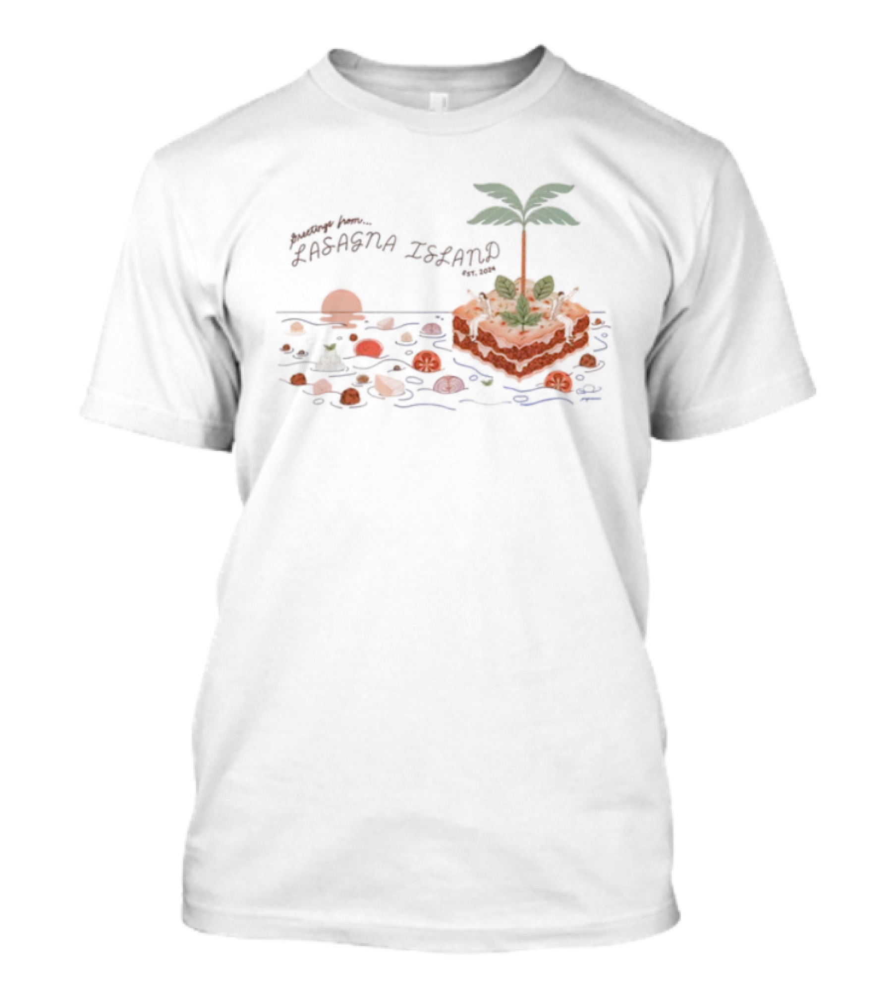 Greetings From Lasagna Island Est 2024 Tropical Pasta Paradise T-Shirt