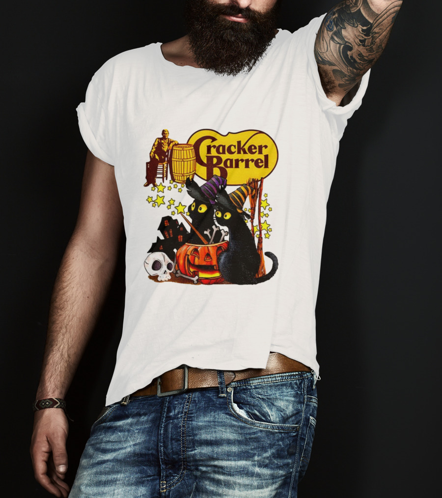 Cracker Barrel Halloween 2025 Black Cat Witches Pumpkin Stars Skulls T-Shirt